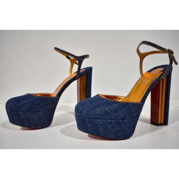 Christian Louboutin Coluna Pump 130 Denim Blue Ankle Strap Platform Heel 37.5 - Picture 9 of 12